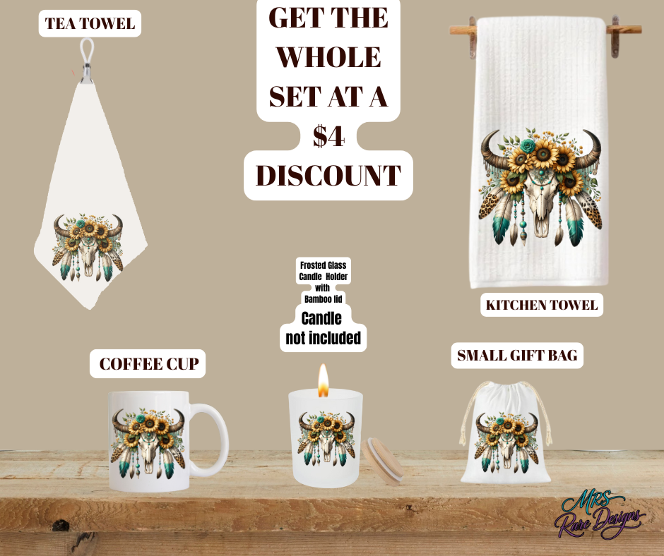 Boho Bull Skull Home Décor Set – Mug, Candle Holder, Kitchen Towel & Gift Bag (Sunflower & Feather Design) – Save $4 Off the Full Set!