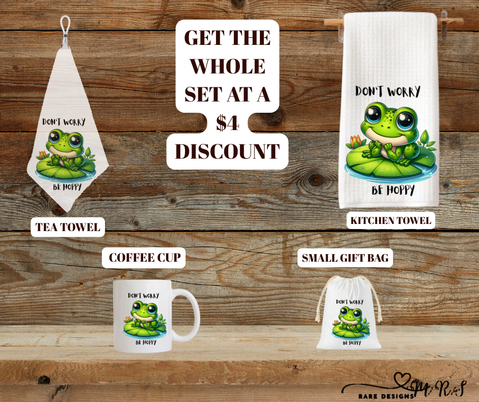 Be Hoppy Frog Kitchen Gift Set – Mug + Kitchen Towel + Clip Teatowel + 4x6 Gift Bag (Save $4)