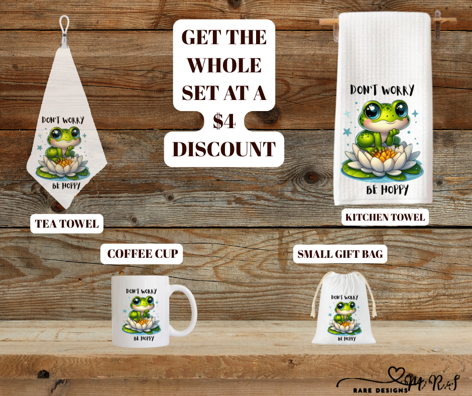 Be Hoppy Frog Kitchen Gift Set – Mug + Kitchen Towel + Clip Teatowel + 4x6 Gift Bag (Save $4)