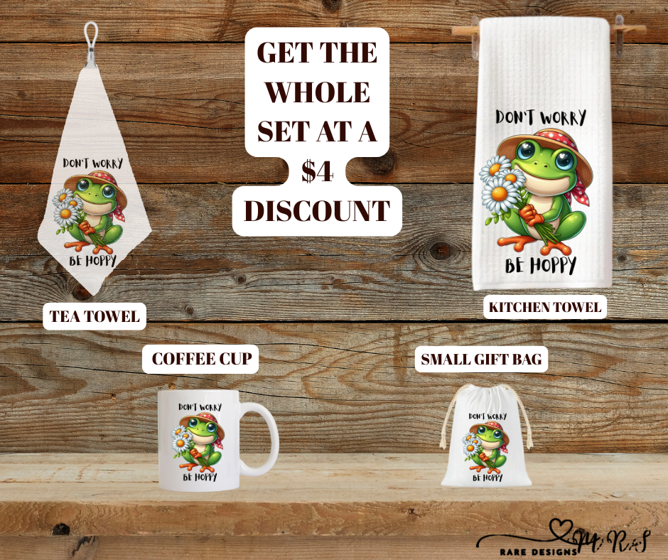 Be Hoppy Frog Kitchen Gift Set – Mug + Kitchen Towel + Clip Teatowel + 4x6 Gift Bag (Save $4)
