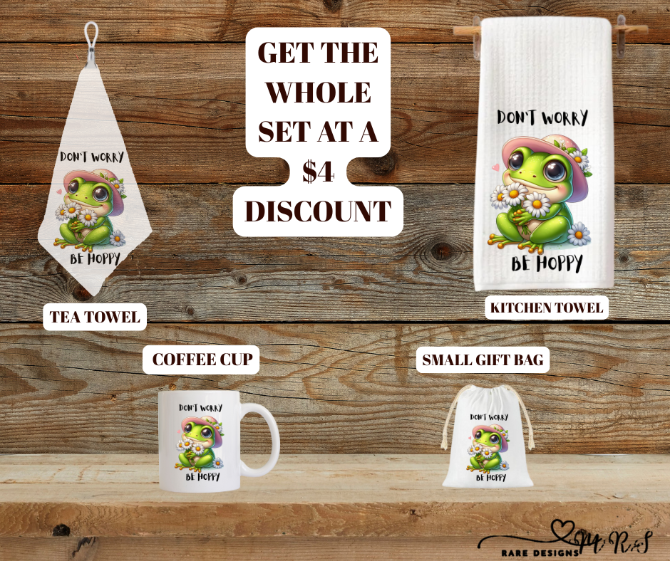 Be Hoppy Frog Kitchen Gift Set – Mug + Kitchen Towel + Clip Teatowel + 4x6 Gift Bag (Save $4)