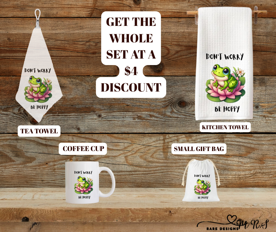 Be Hoppy Frog Kitchen Gift Set – Mug + Kitchen Towel + Clip Teatowel + 4x6 Gift Bag (Save $4)
