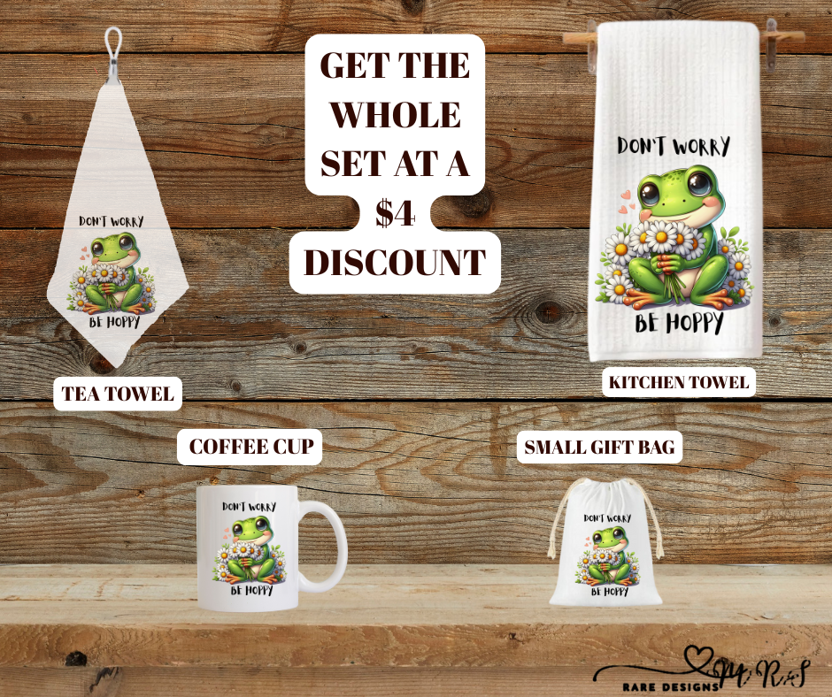 Be Hoppy Frog Kitchen Gift Set – Mug + Kitchen Towel + Clip Teatowel + 4x6 Gift Bag (Save $4)