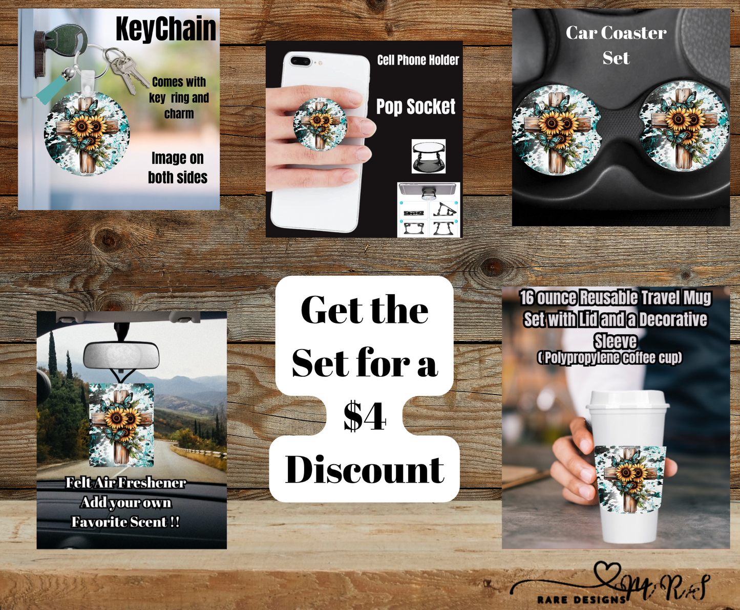 Turquoise Cross Cowhide Splash Travel Set — 16oz Reusable Mug + Car Coasters + Keychain + Pop Socket + Air Freshener (Save $4)