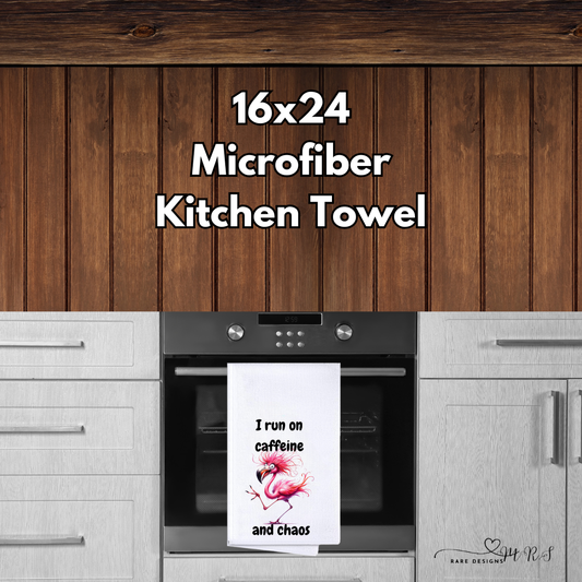 Caffeine & Chaos Flamingo Kitchen Towel — 16×24 Microfiber