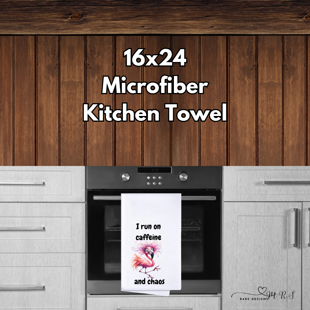 Caffeine & Chaos Flamingo Kitchen Towel — 16×24 Microfiber