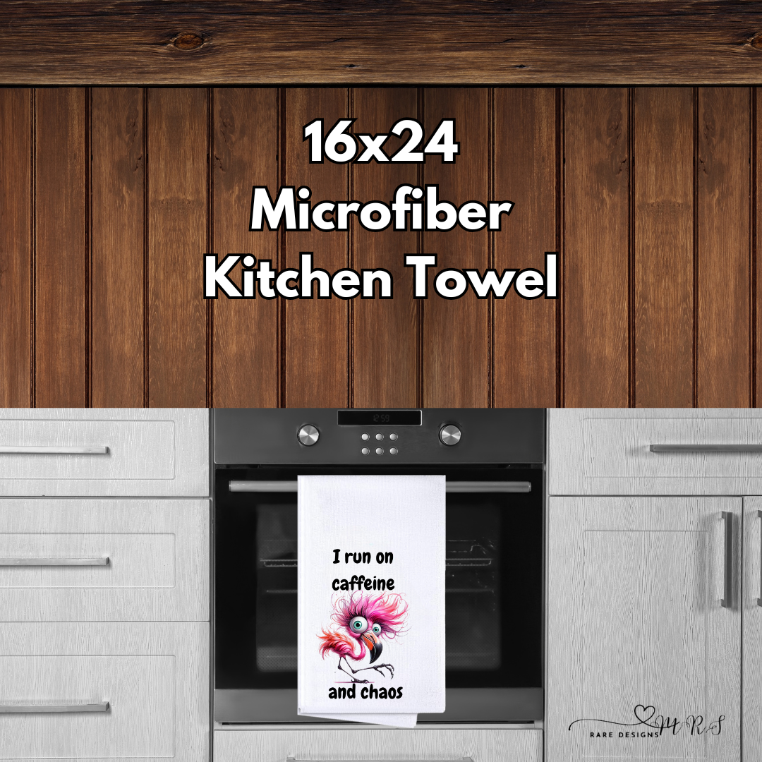 Caffeine & Chaos Flamingo Kitchen Towel — 16×24 Microfiber