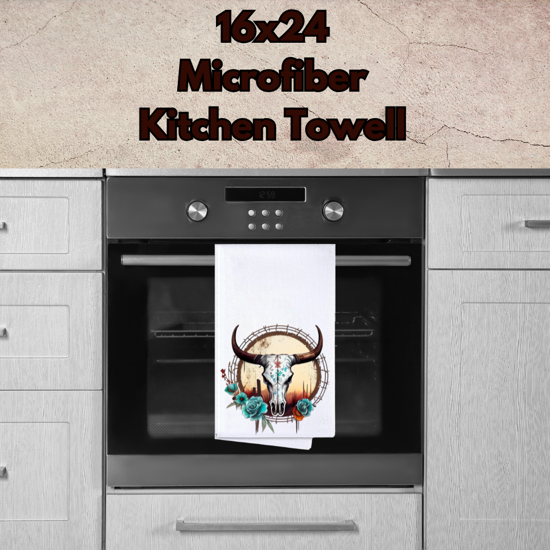 Rustic Longhorn Bloom Microfiber Kitchen Towel – 16x24