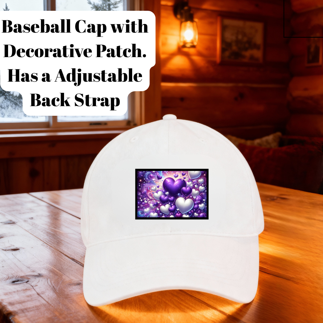 White Baseball Caps – Purple Heart Art Patch Collection (Rectangular, Round & Wide Designs)