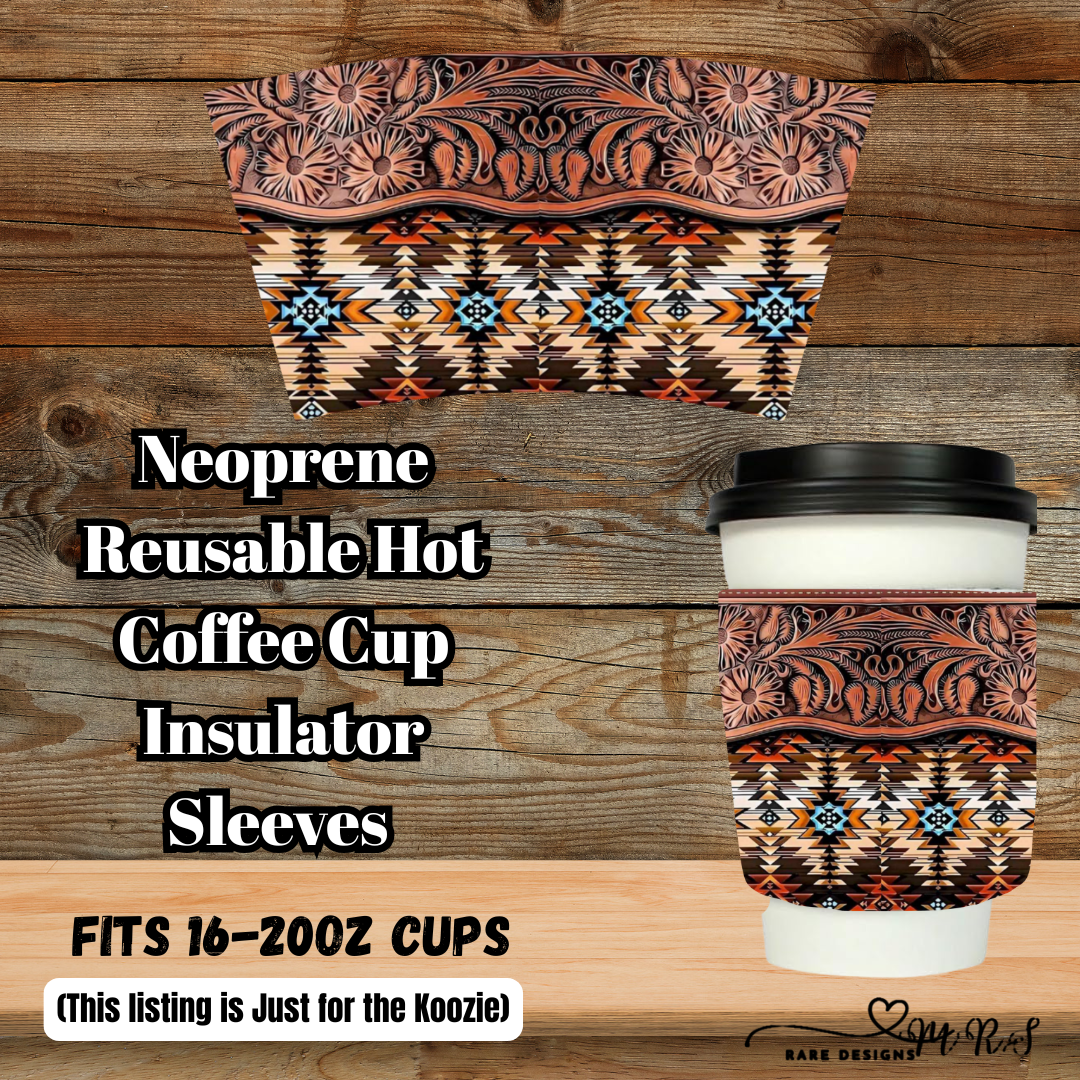 Tooled Leather Aztec Neoprene Coffee Cup Sleeve — Fits 16–20oz (Sleeve Only)