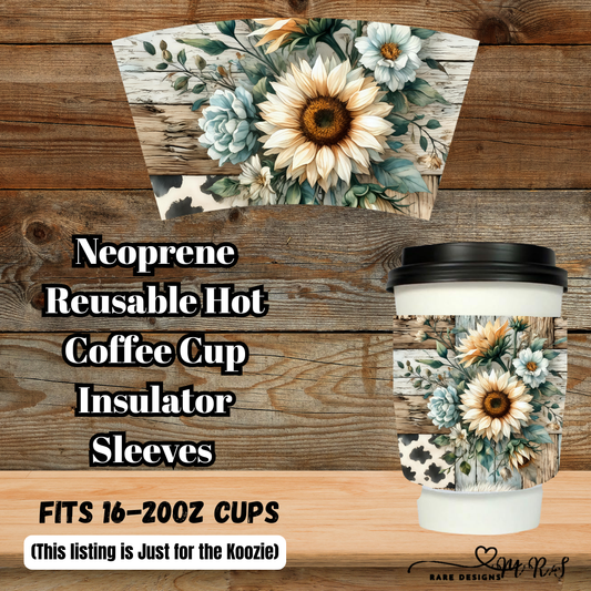 Rustic Sunflower Patchwork Neoprene Coffee Sleeve — Reusable, 16–20oz