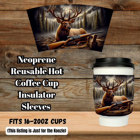 Elk Hunter Hot Cup Koozie Collection — Neoprene Reusable Coffee Cup Insulator Sleeves (Fits Most 16–20oz To-Go Cups)