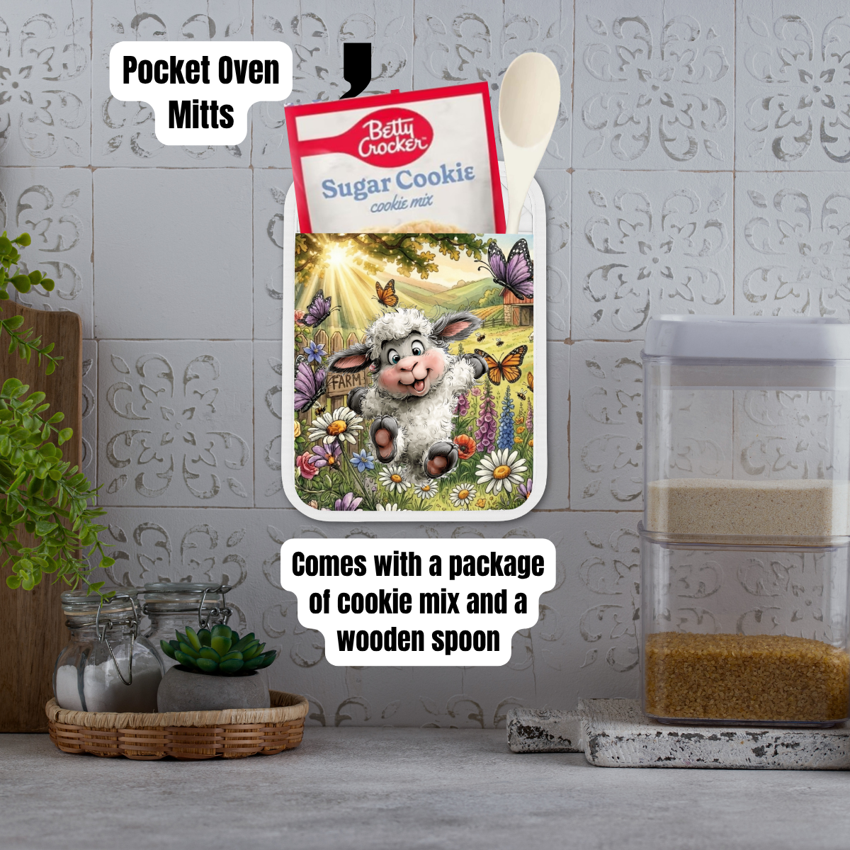 Spring Lamb Farmhouse Kitchen Gift Set – Pocket Oven Mitt with Cookie Mix + Decorative Charcuterie Board