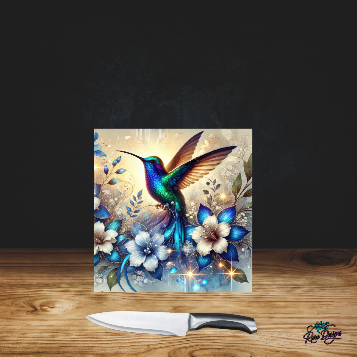 "Hummingbird's Grace" Square Glass Cutting Board