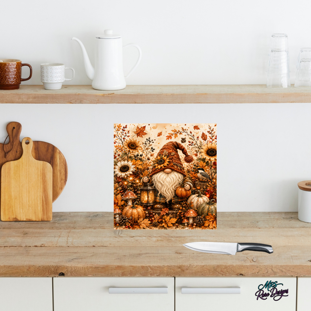 Harvest Lantern Gnome Square Glass Cutting Board