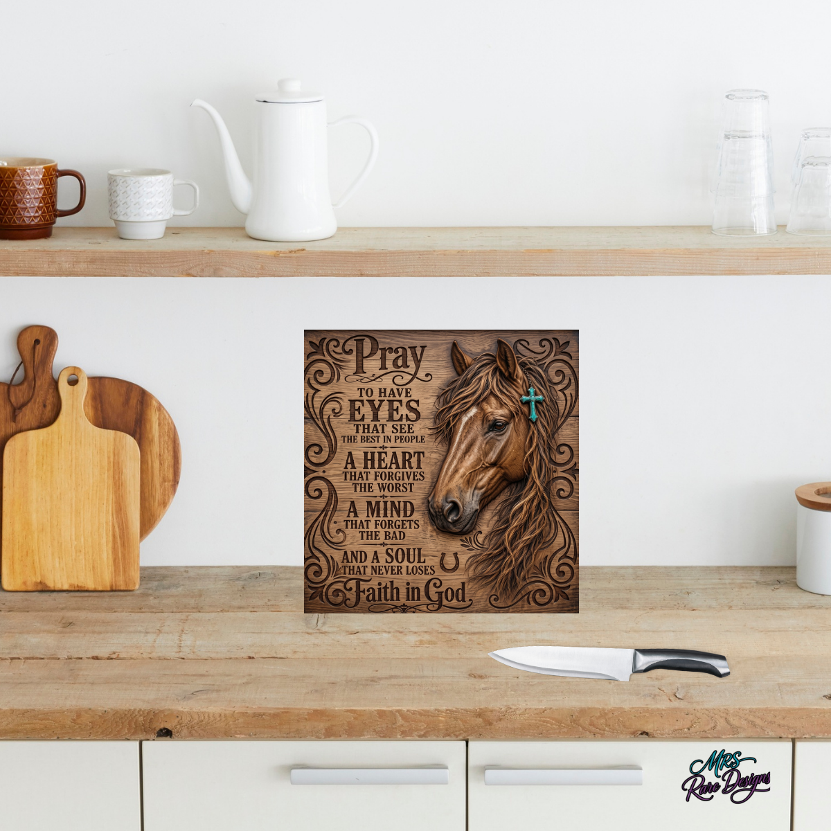"Faith & Freedom" Western Horse & Prayer 8x8 Glass Cutting Board