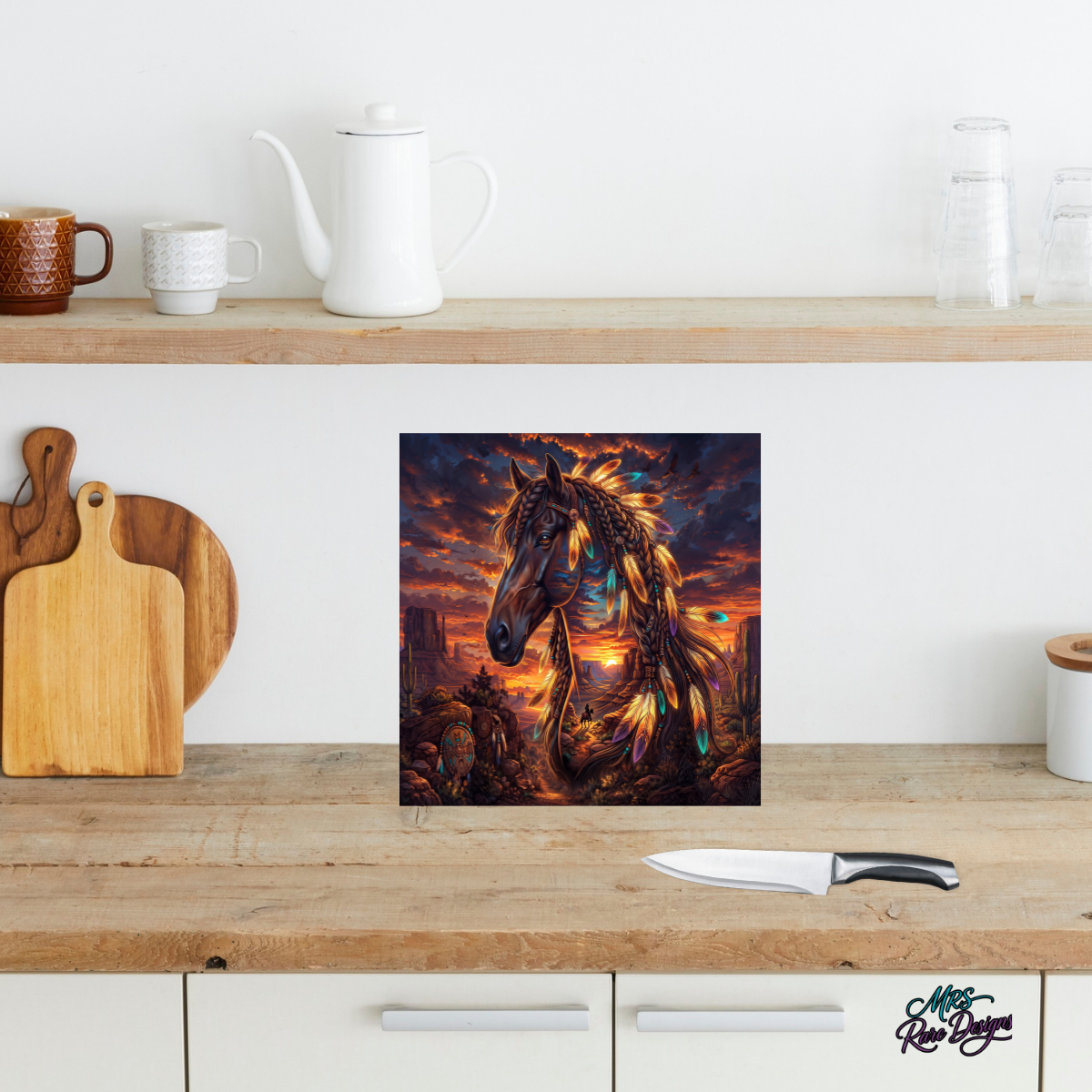 Sunset Spirit Feather Horse 9-Inch Square Glass Cutting Board