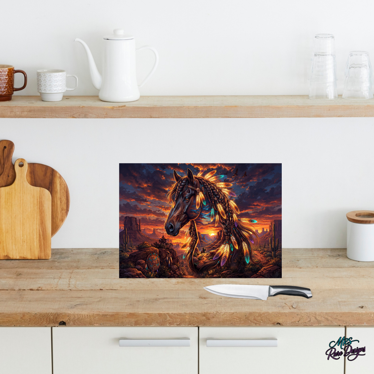 Sunset Spirit Feather Horse 11x7.87-Inch Rectangular Glass Cutting Board