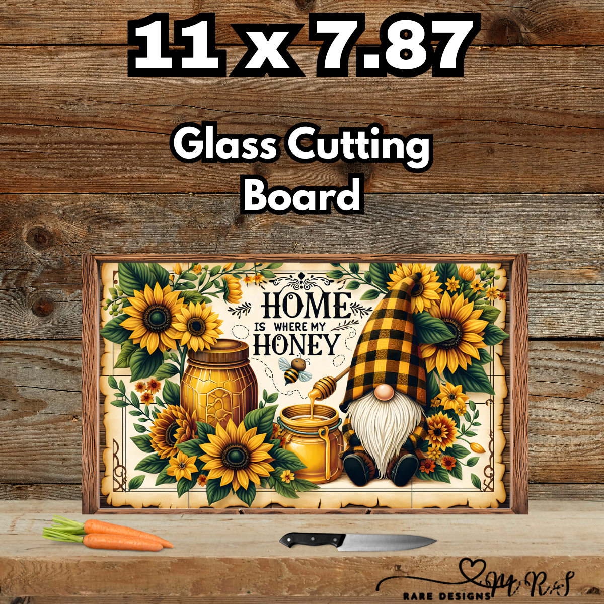 Home Is Where My Honey™ — 11″ × 7.87″ Glass Cutting Board (Sunflower Gnome, Rectangle)