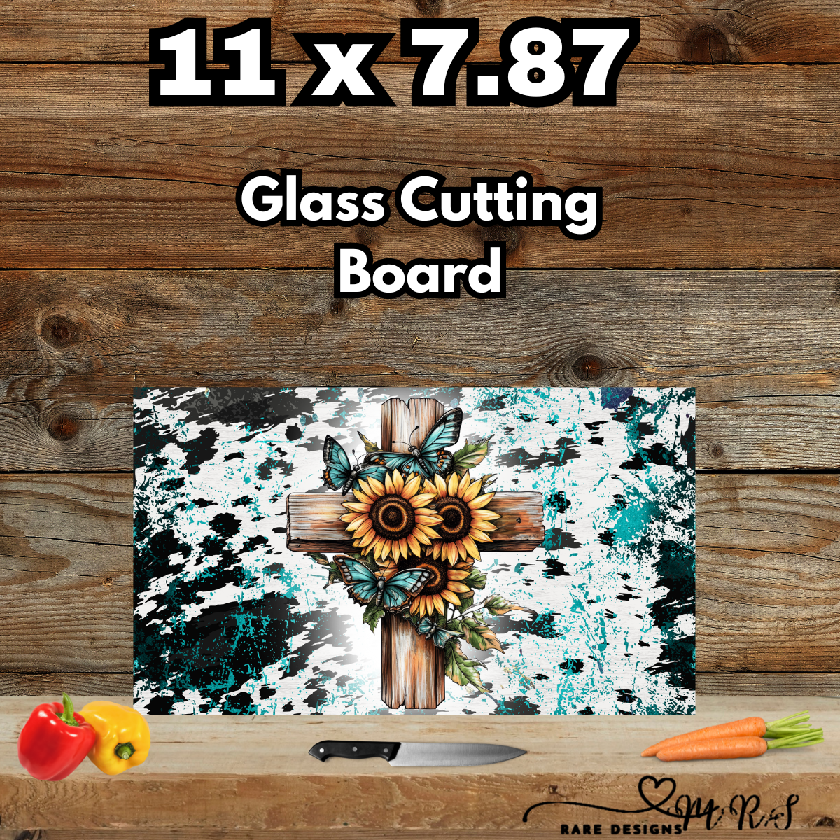 11×7.87 Glass Cutting Board – Rustic Turquoise Cross