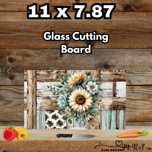 Rustic Sunflower Patchwork Glass Cutting Board — 11″ x 7.87″