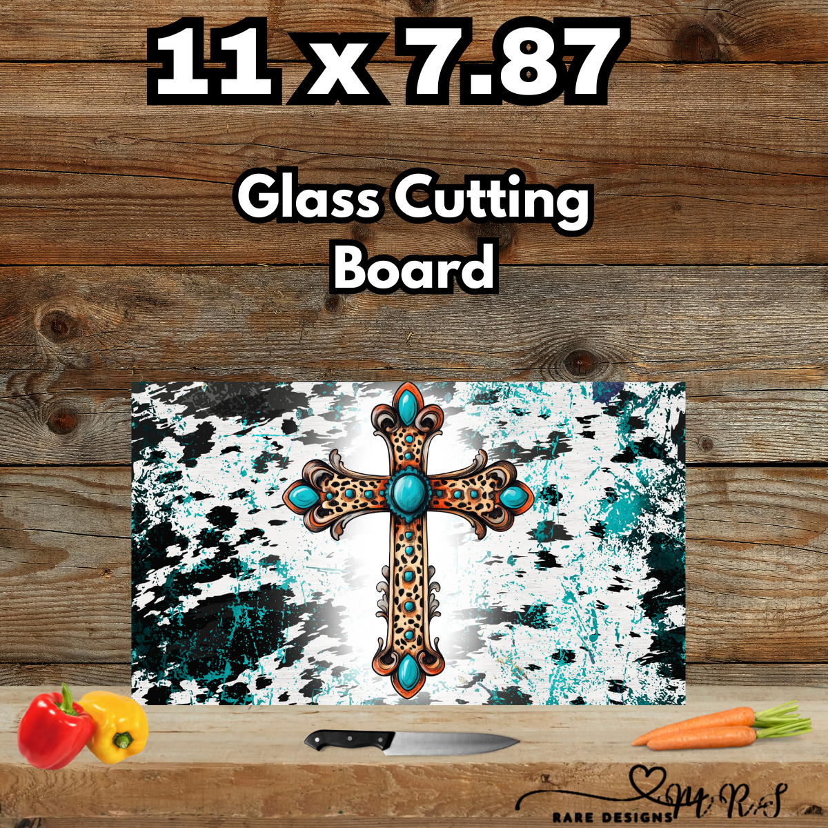 11×7.87 Glass Cutting Board – Rustic Turquoise Cross