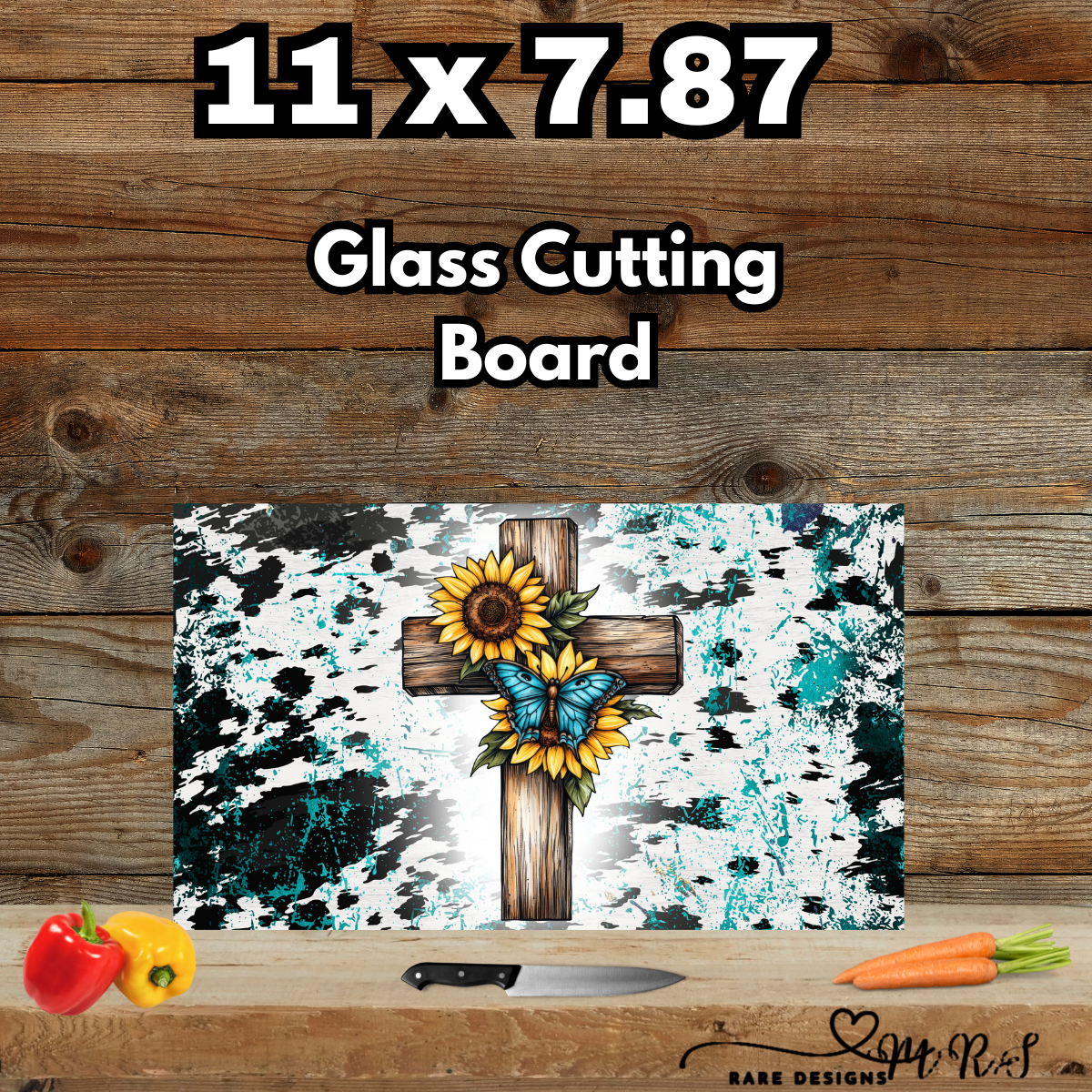 11×7.87 Glass Cutting Board – Rustic Turquoise Cross