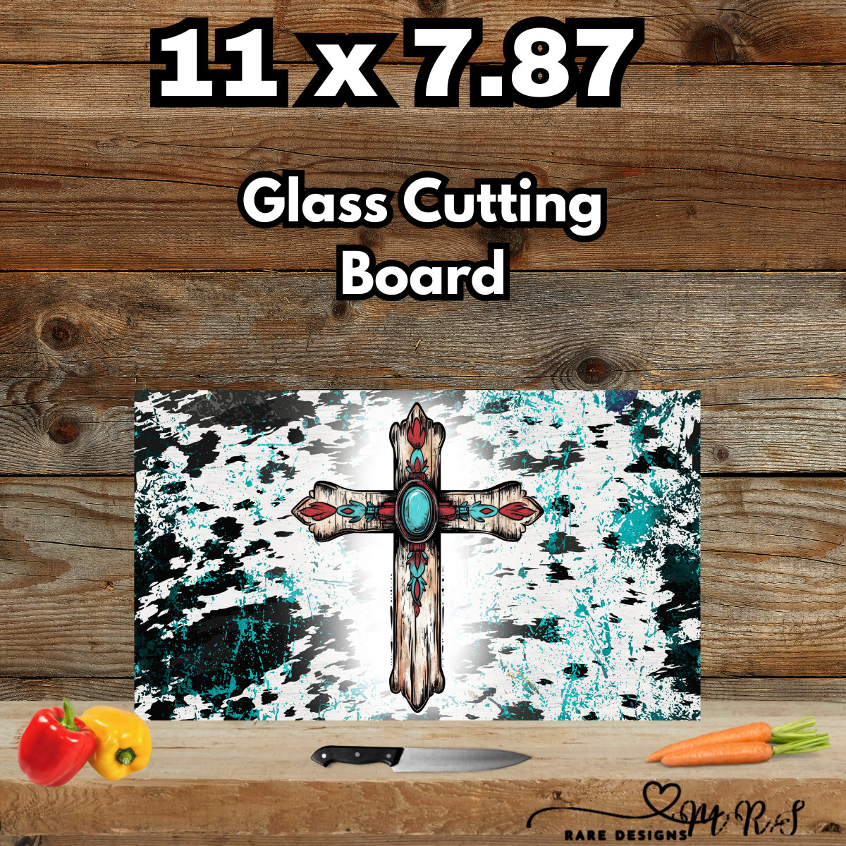 11×7.87 Glass Cutting Board – Rustic Turquoise Cross
