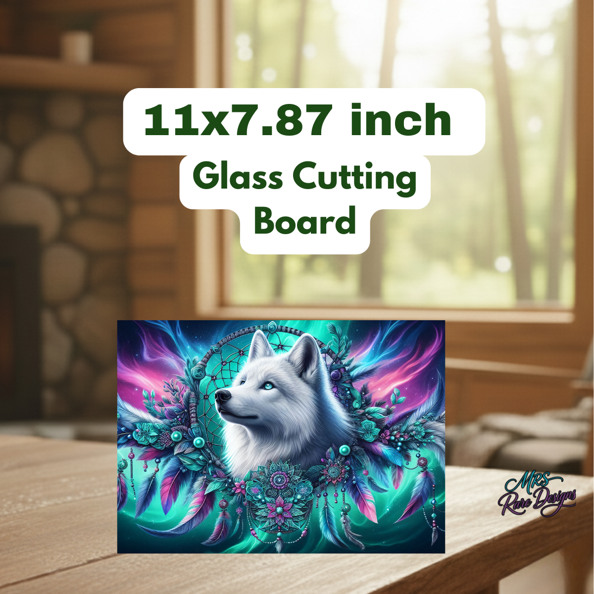 Spirit of the White Wolf Dreamcatcher — 11x7.87" Rectangular Glass Cutting Board
