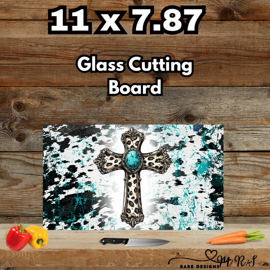 11×7.87 Glass Cutting Board – Rustic Turquoise Cross