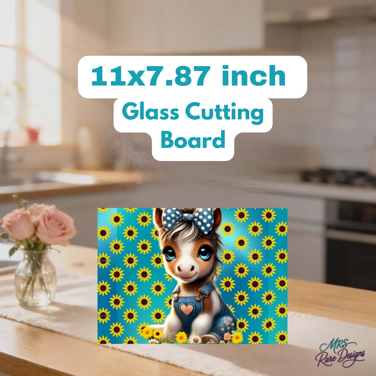Adorable Sunflower Baby Donkey Glass Cutting Board – 11x7.87 Inch Kitchen Decor & Gift