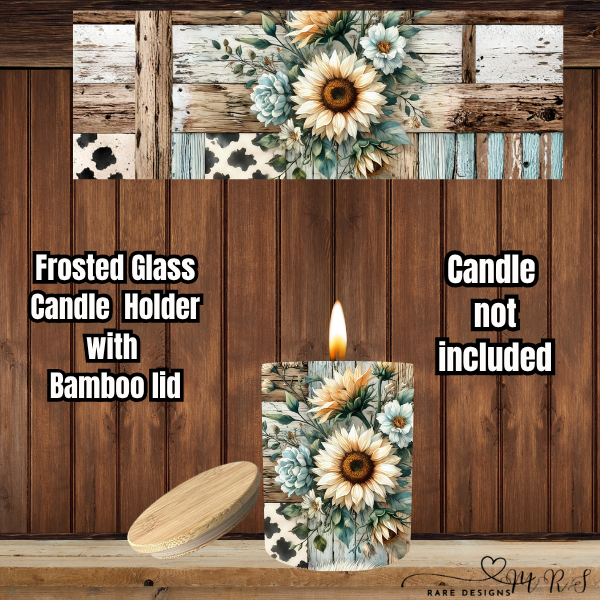 Rustic Sunflower Patchwork Frosted Glass Candle Holder + Bamboo Lid