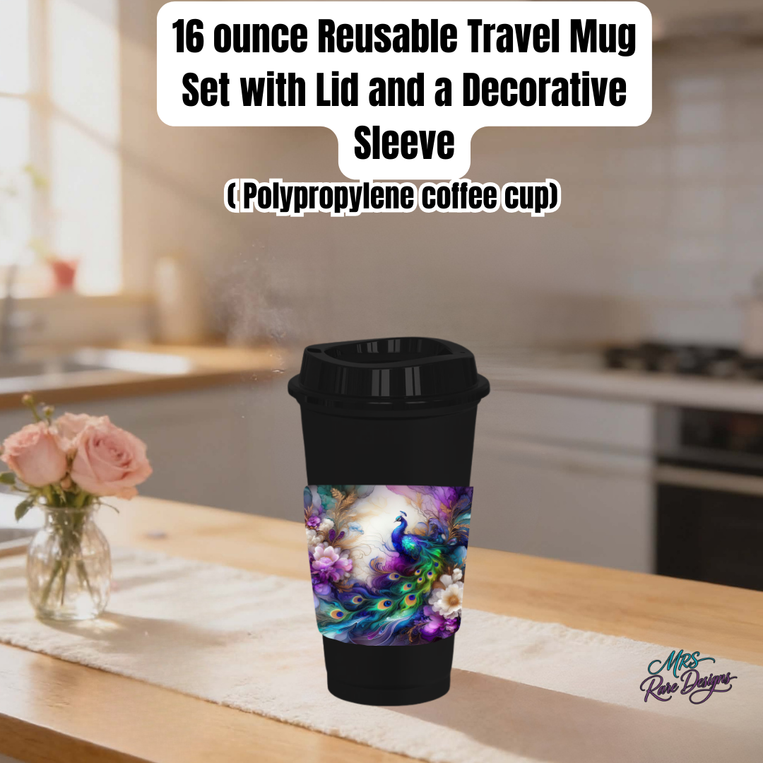 Elegant Peacock 16oz Reusable Travel Mug – Polypropylene Coffee Cup with Lid & Decorative Sleeve Available in Black or White