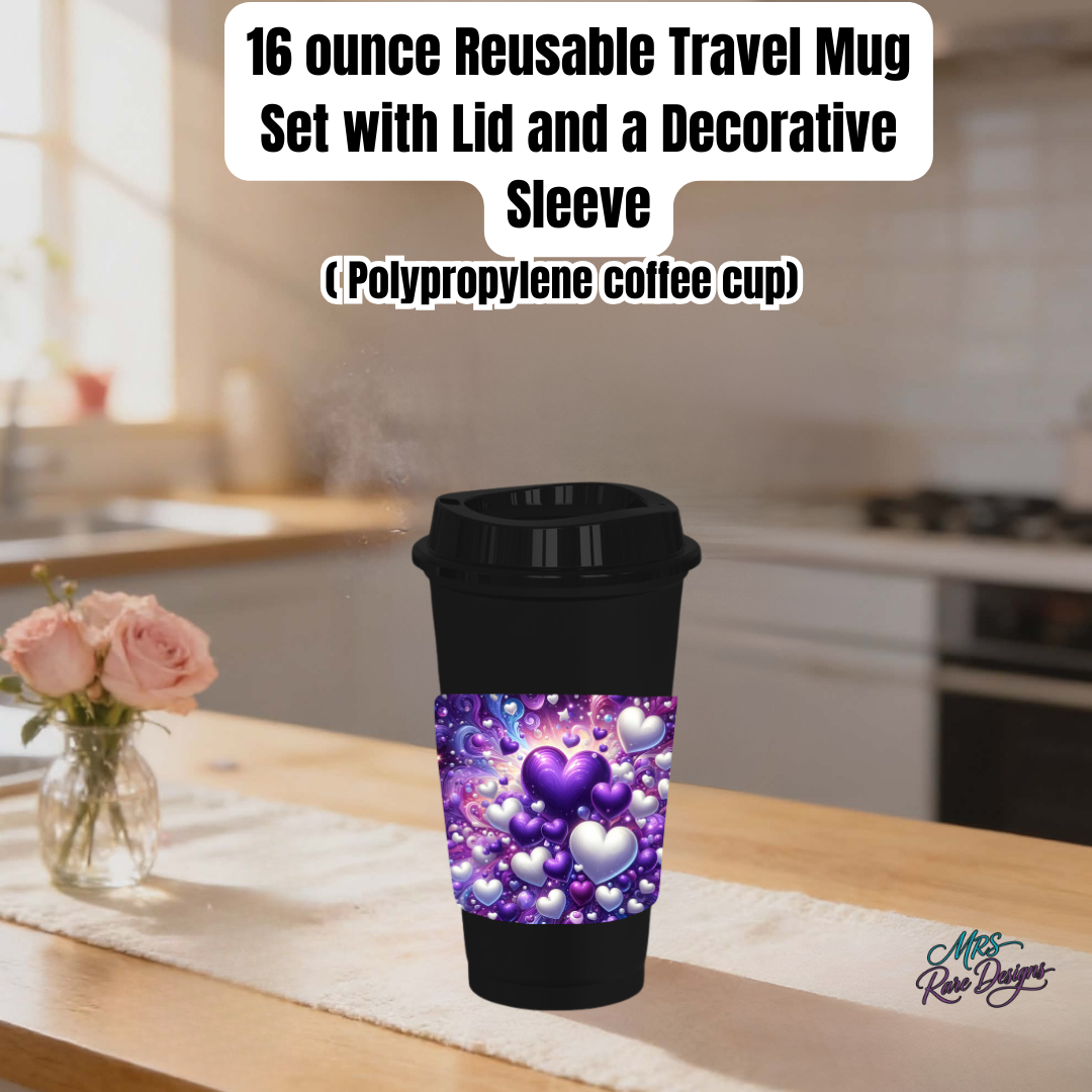 Purple Hearts Reusable 16oz Travel Mug Set with Lid & Decorative Sleeve – Eco-Friendly Polypropylene Coffee Cup