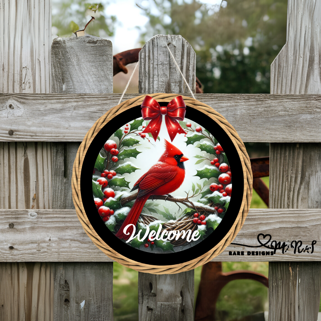 Cardinal Welcome Round Door Sign – Holiday Rope-Trim Hanging Décor