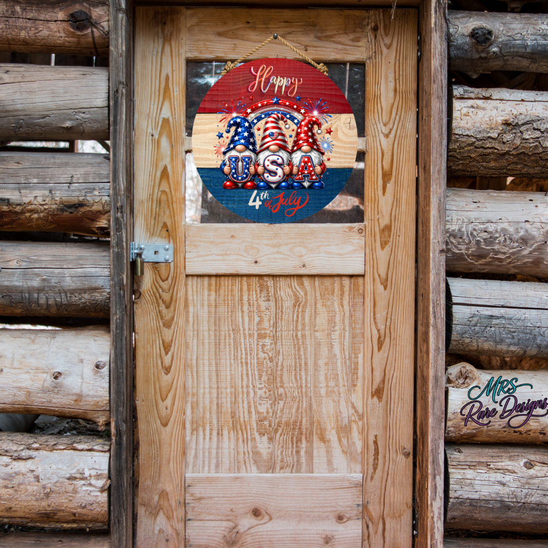 "USA Gnome Crew" Happy 4th of July Round Door Sign 10 Inch Patriotic Fireworks Gnome Welcome Sign
