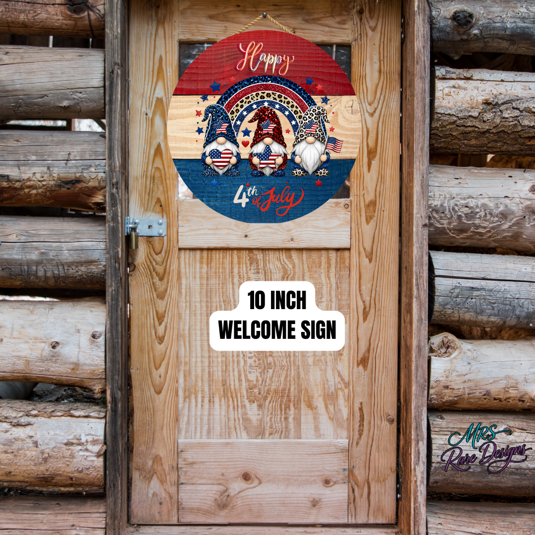 Gnome Sweet Freedom" Happy 4th of July Round Door Sign | 10 Inch Patriotic Gnome Welcome Sign