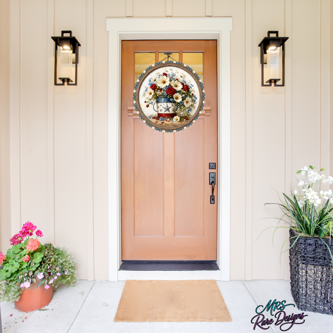 Blooms & Glory Patriotic Floral Round Door Sign
