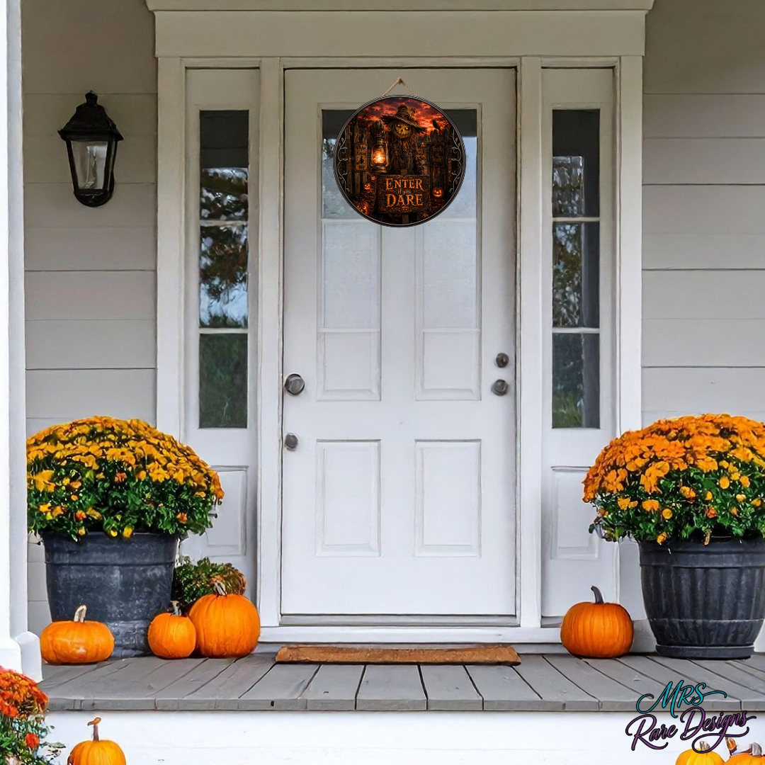 "Enter If You Dare" Spooky Scarecrow 10-Inch Round Hanging Welcome Sign