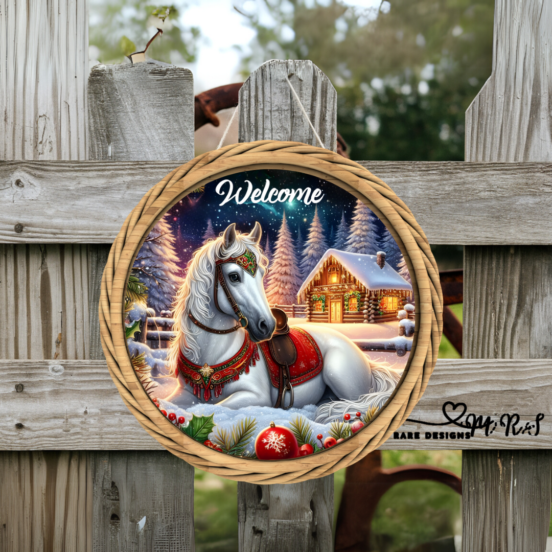 Winter Welcome Horse Cabin Round Door Sign – Rustic Rope Border