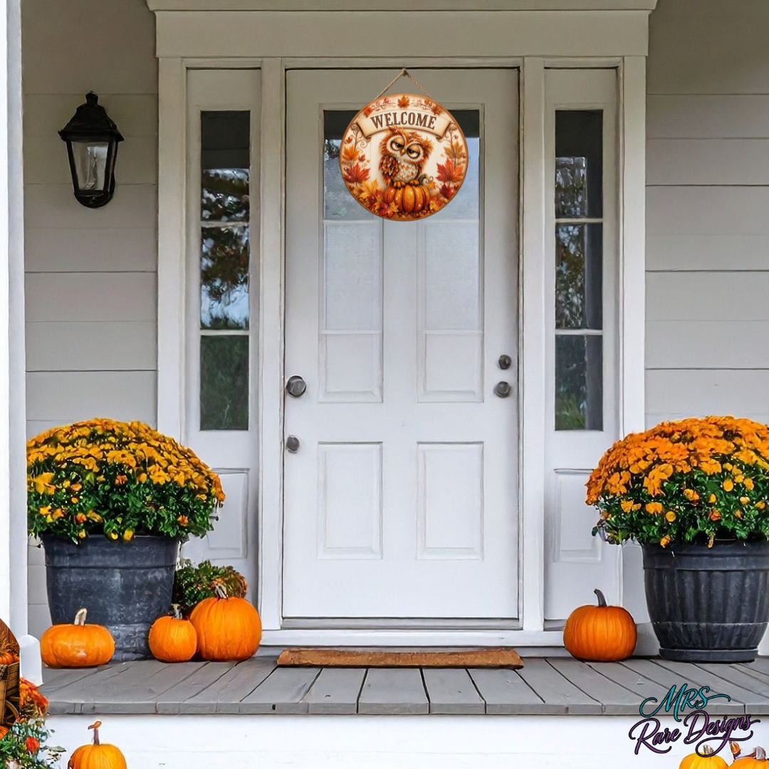 Cozy Autumn Owl Welcome Sign, 10-Inch Round Wooden Decor