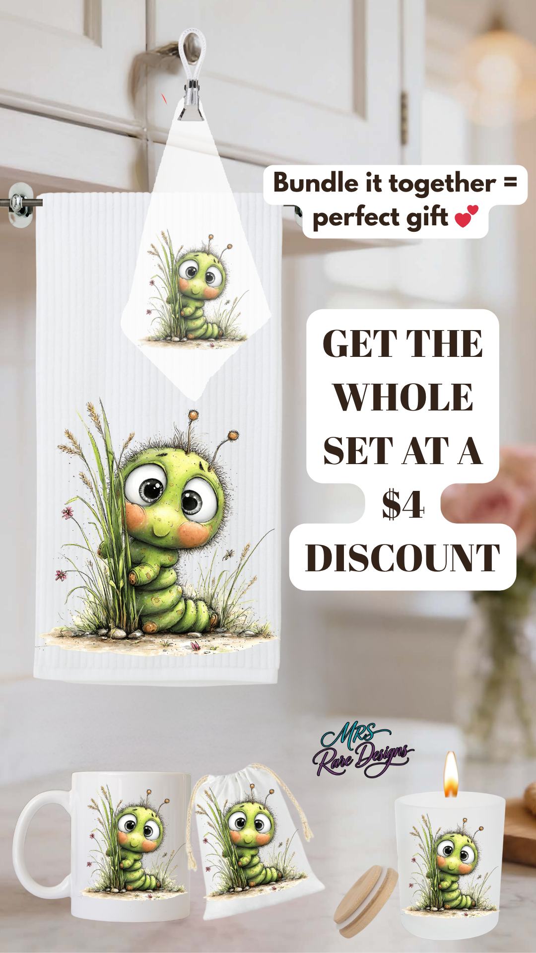 Cute Caterpillar Cozy Kitchen & Gift Set Mug, Gift Bag, Candle Holder, Tea Towel & Kitchen Towel
