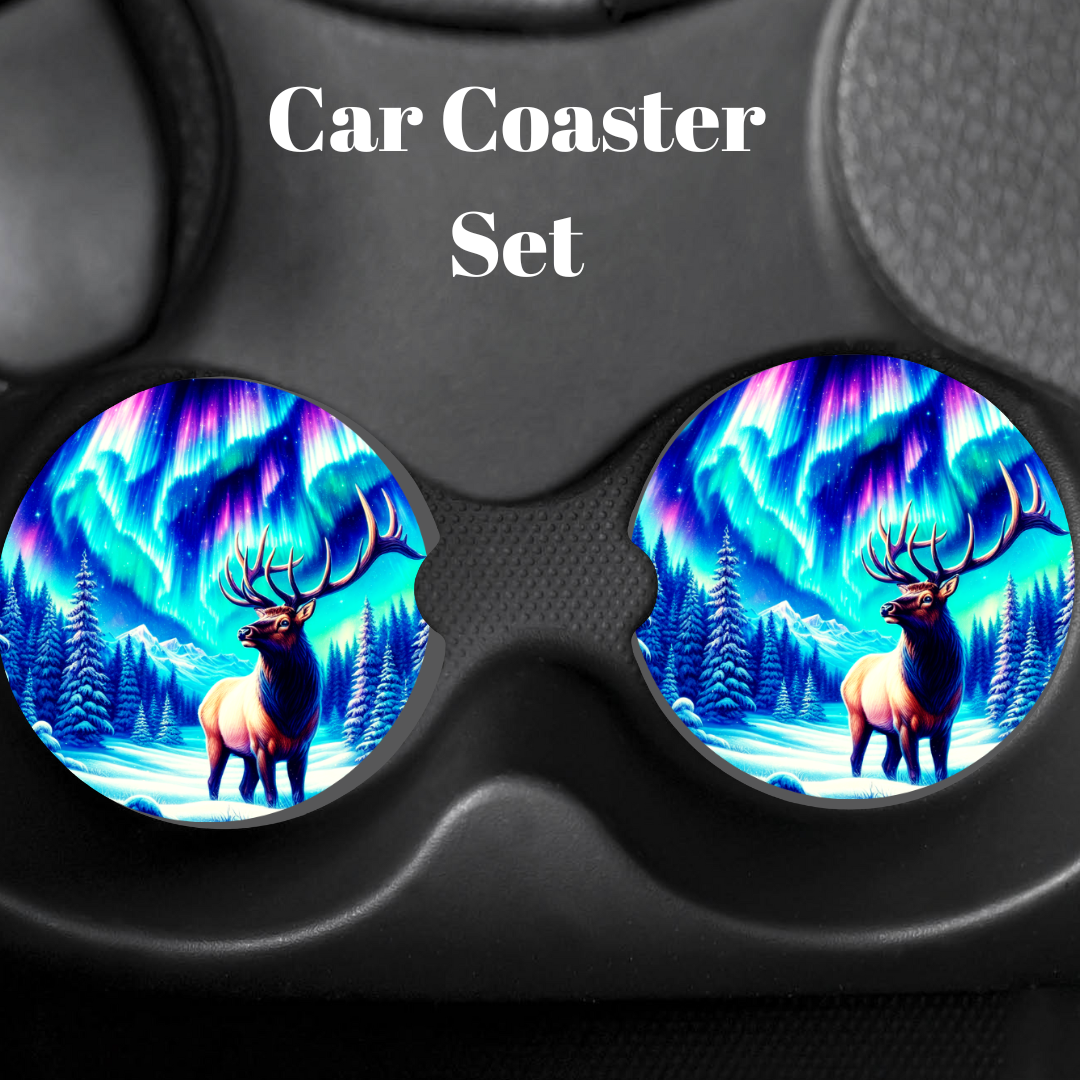 Northern Lights Elk Car Coaster Set (2-Pack)