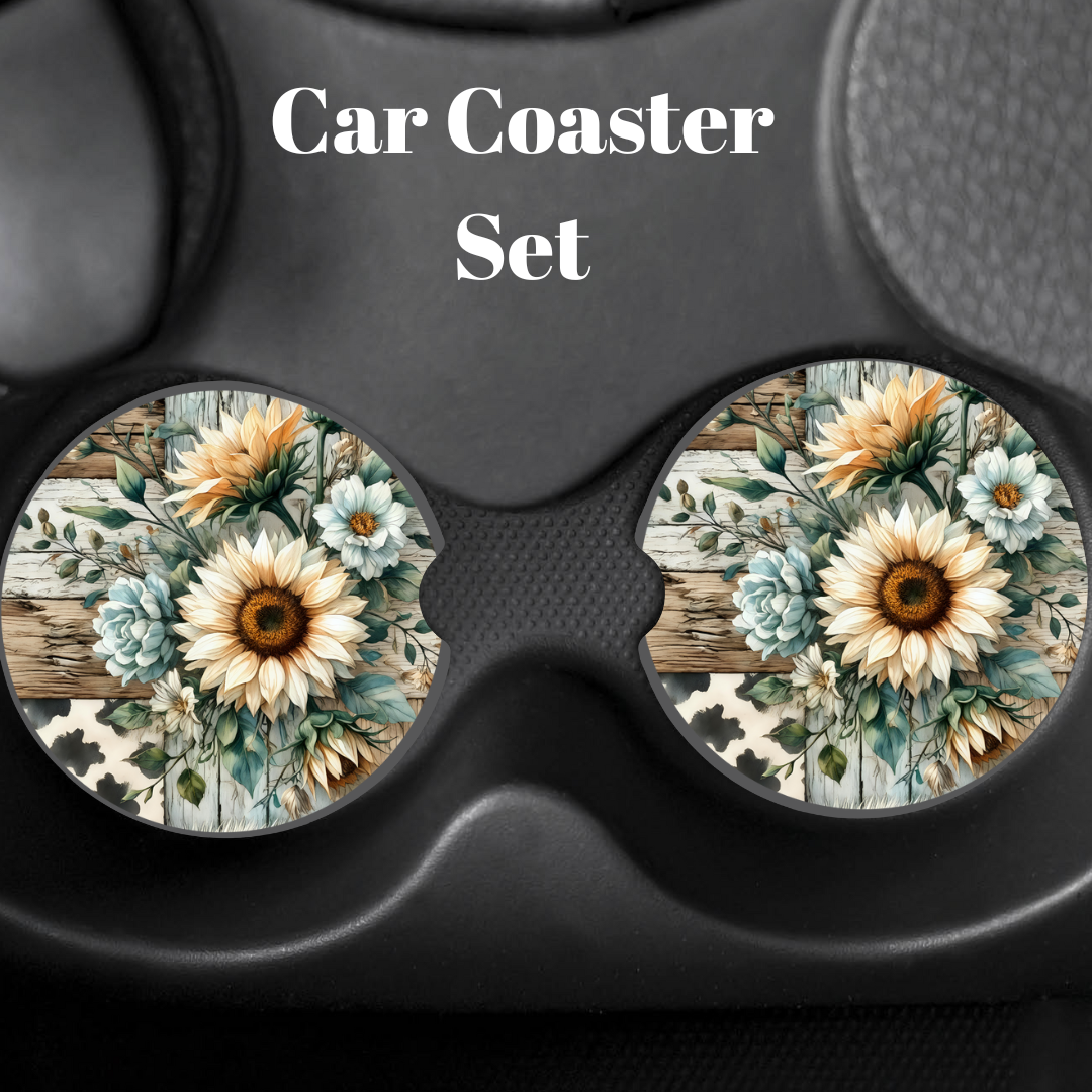 Rustic Sunflower Patchwork Car Coaster Set — Cup-Holder Inserts (Pair)