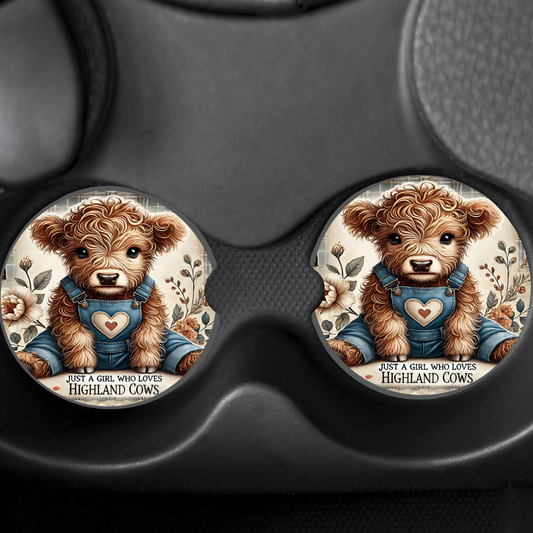 Highland Cuddle-Cub Car Coasters — Set of 2 (Absorbent Cup-Holder Inserts)