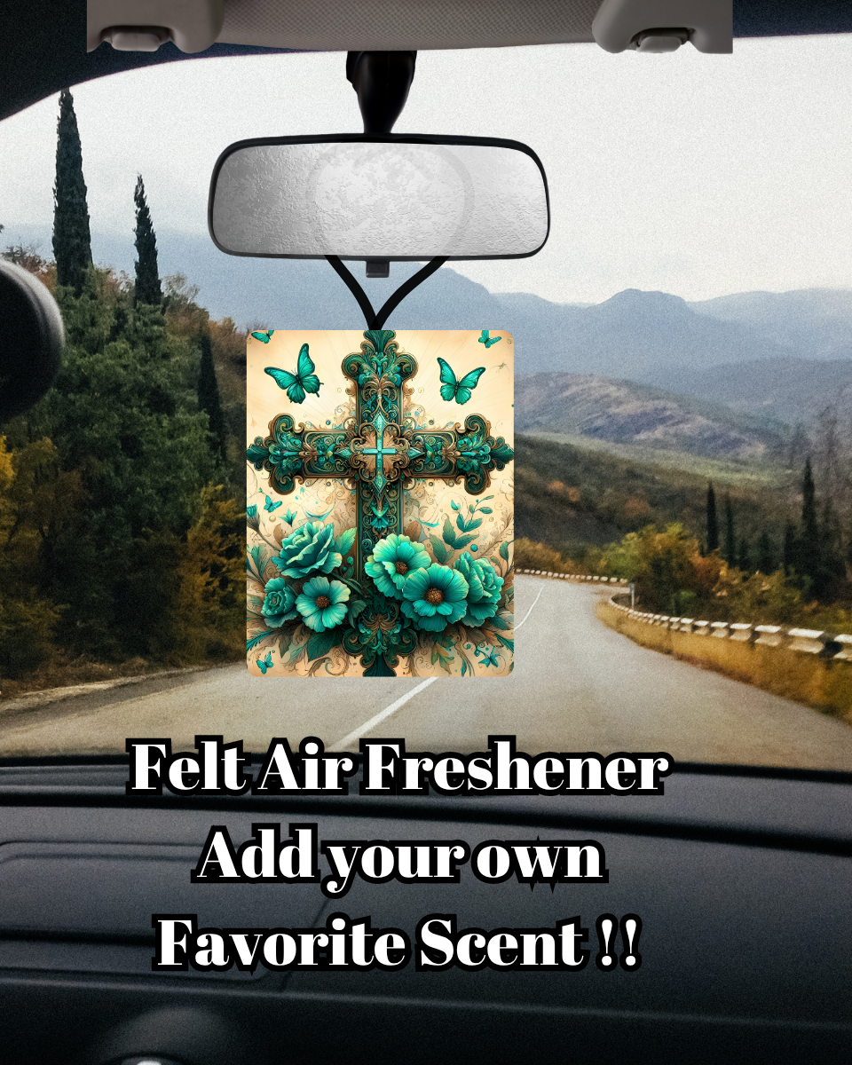 Turquoise Faith Floral Cross Felt Air Freshener (Add-Your-Scent)