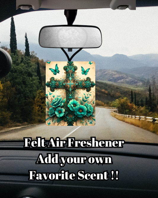 Turquoise Faith Floral Cross Felt Air Freshener (Add-Your-Scent)