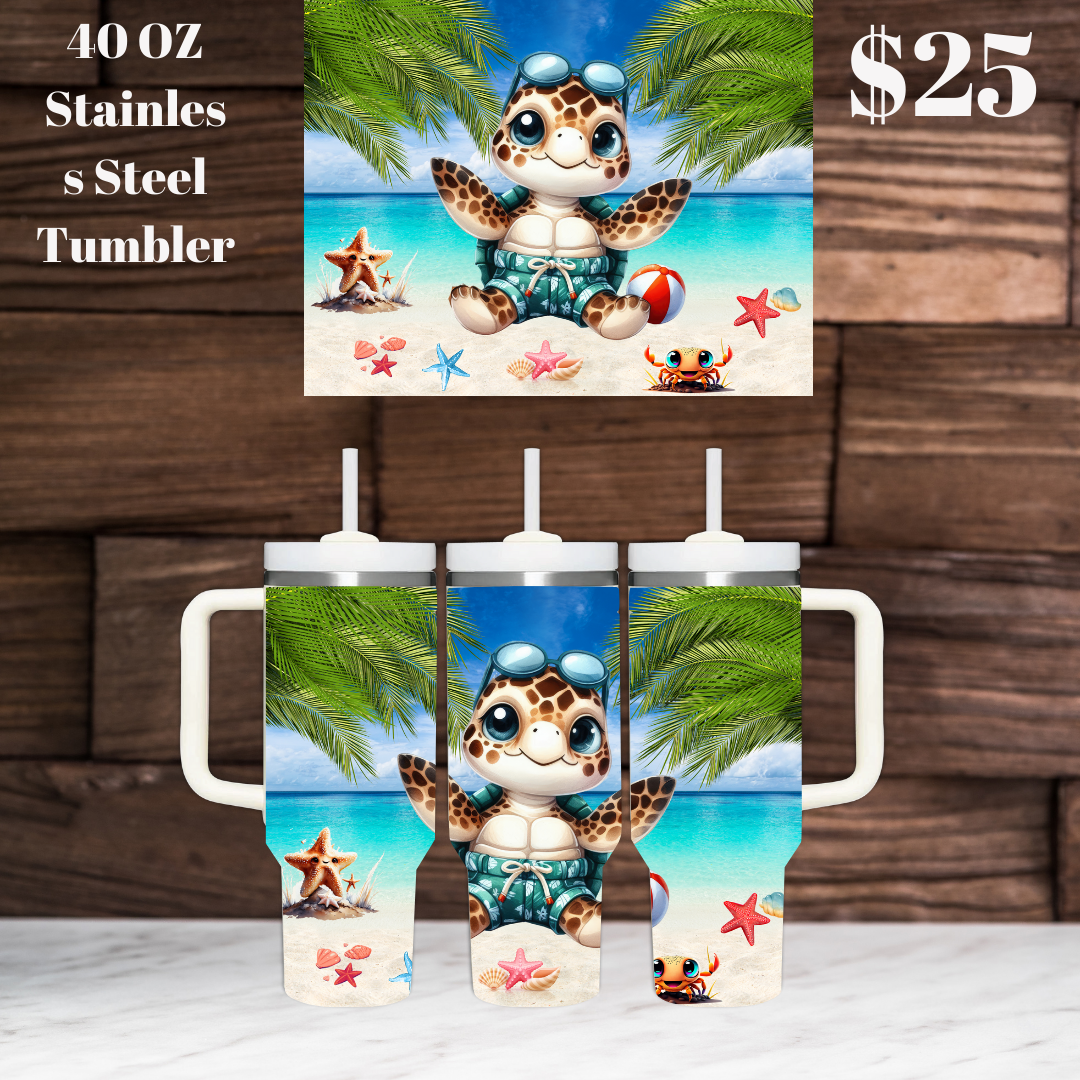40 OZ Stainless Steel Tumbler with Cute Sea Turtle Design