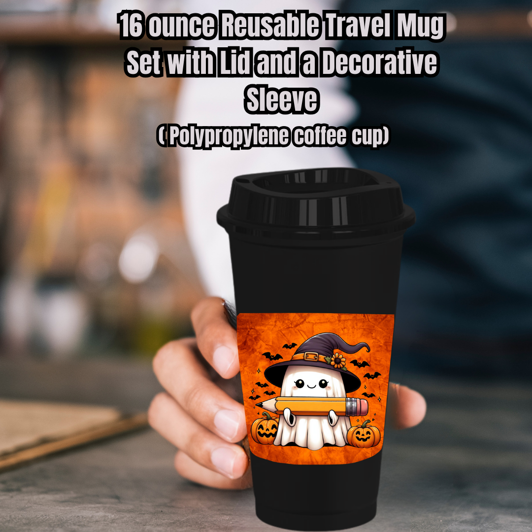 Spooky Scholar Ghost Mug Collection – 16oz Reusable Travel Mugs with Decorative Sleeves
