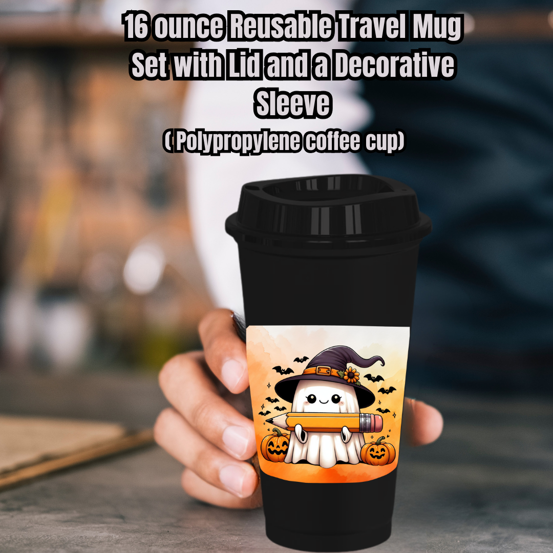 Spooky Scholar Ghost Mug Collection – 16oz Reusable Travel Mugs with Decorative Sleeves